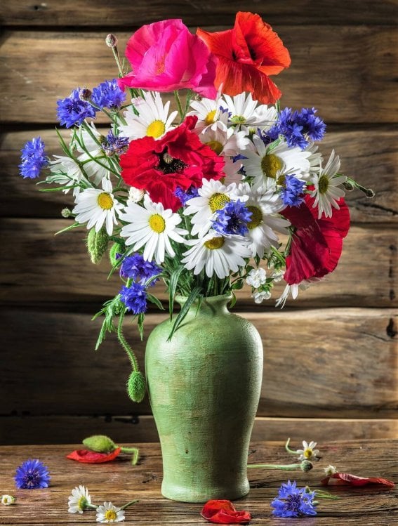 Алмаз мозаика (клас.) 30х40 см, с подр., с полн.заполн.(цв.)Цветы в деревянном домике.(Арт. AC34089)