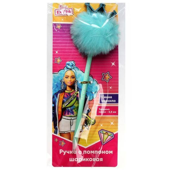 Ручка шариковая БАРБИ с бирюзов. пуш.топпером, barbie extra, блистер Умка в кор.6*36шт