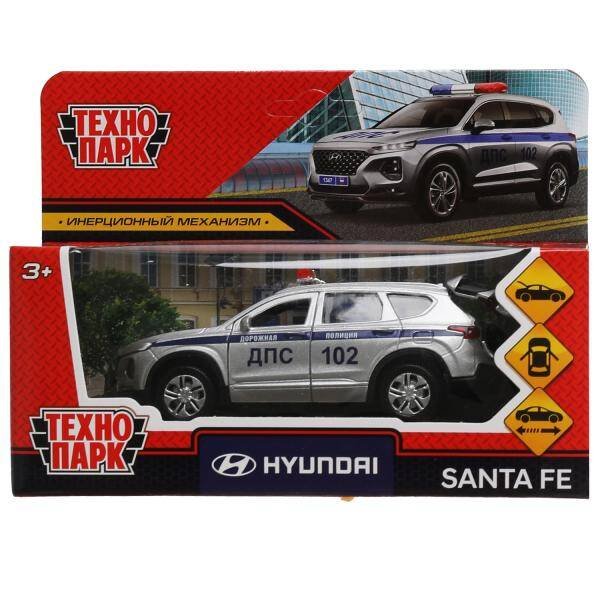 Машина металл HYUNDAI SANTAFE ПОЛИЦИЯ 12 см, двер, багаж, инер, серебр, кор. Технопарк в кор.2*36шт