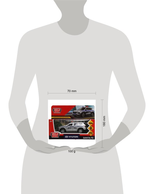 Машина металл HYUNDAI SANTAFE ПОЛИЦИЯ 12 см, двер, багаж, инер, серебр, кор. Технопарк в кор.2*36шт