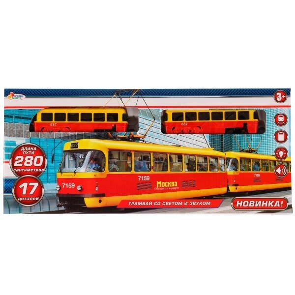 ЖЕЛЕЗНЫЕ ДОРОГИ (Умка) Железная дорога ТРАМВАЙ, длина пути 280см, свет-звук, кор.47*21*4,5см ИГРАЕМ ВМЕСТЕ в кор.36шт