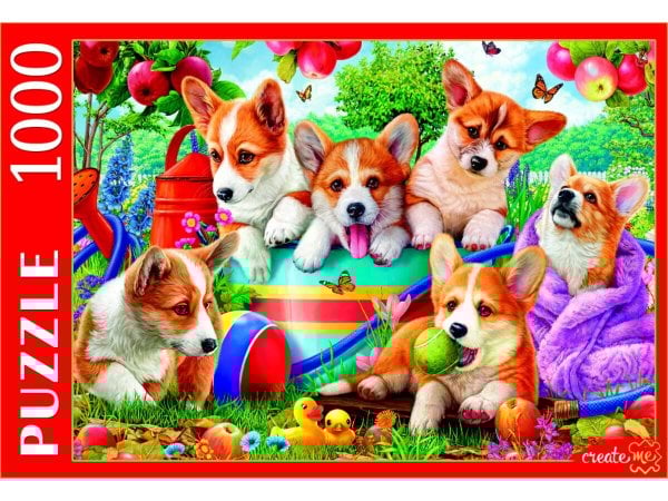 ЖИВОТНЫЕ (Рыжий Кот) ПАЗЛЫ 1000 элементов. Ф1000-0757 ЩЕНКИ КОРГИ В САДУ