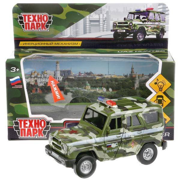 Машина металл свет-звук UAZ HUNTER ВОЕННЫЙ 12 см, двери, багаж, в кор. Технопарк в кор.2*36шт