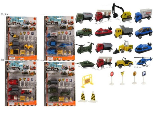 Набор машинок"Спецтехника"(25,9х21,4х3см)(4 машинки,дорож.знаки,4 вида микс)в блист.( Арт. 2176234)