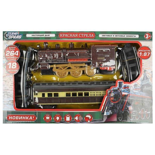 Железная дорога красная стрела,свет-звук,дым,длина 264,кор.40*24,5*6,3см ТЕХНОДРАЙВ в кор.36шт