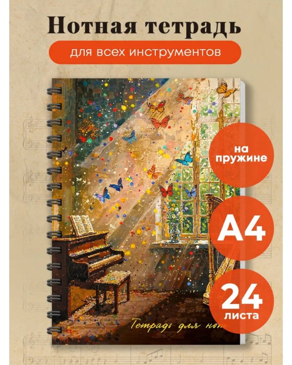 Тетрадь для нот. Комната с бабочками (24 л., А4, вертикальная, навивка)