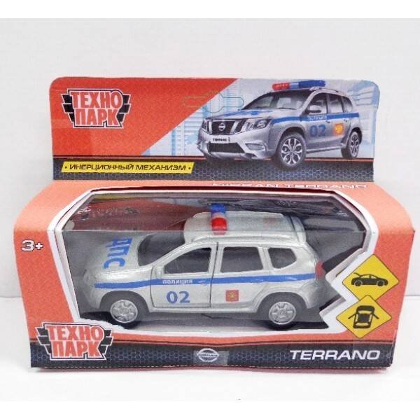 "ТЕХНОПАРК" БЕЗ СВЕТА И ЗВУКА (Умка) МАШИНА "ТЕХНОПАРК" МЕТАЛЛ. ИНЕРЦ. NISSAN TERRANO ПОЛИЦИЯ 12СМ, ОТКРЫВ. ДВЕРИ В КОР. в кор.2*24шт