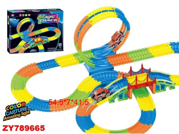 Гибкие треки (Magic Tracks) (Рыжий Кот) Автотрек (длина 468 см) гибкий,светящийся "Супер гонка 2"(260 дет., мостик) в кор. (Арт. ZY789665)