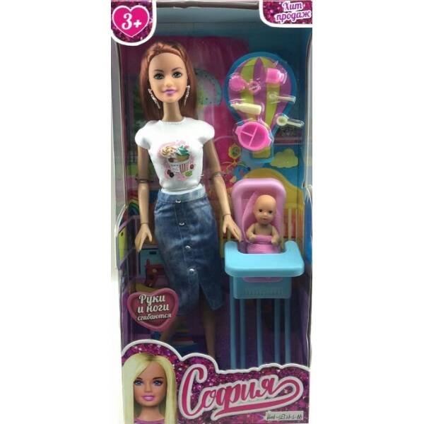 Кукла 29 см София, руки и ноги сгиб, младенец, стул для кормления, акс, кор КАРАПУЗ в кор.24шт