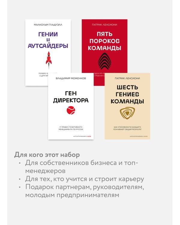 Комплект "Антология бизнеса МИФ" (4 книги в обечайке: 12778 Пять пороков команды; 12780 Ген директора; 12782 Гении и аутсайдеры; 12781 Шесть гениев ко