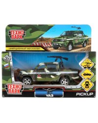 Машина металл УАЗ ПИКАП КАМУФЛЯЖ с пулеметом 12 см, двери, багаж, инер, кор. Технопарк в кор.2*36шт