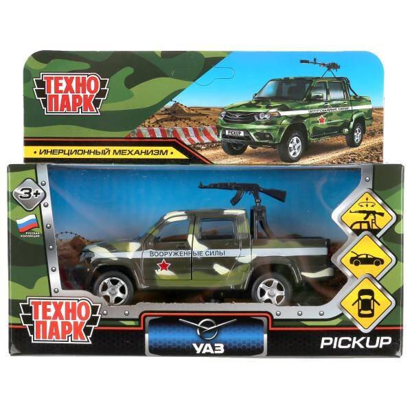 Машина металл УАЗ ПИКАП КАМУФЛЯЖ с пулеметом 12 см, двери, багаж, инер, кор. Технопарк в кор.2*36шт