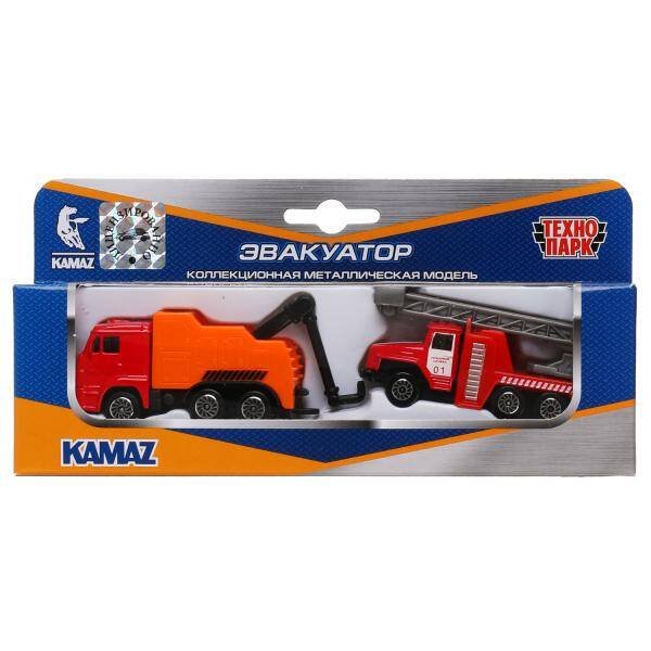 Машина металл KAMAZ ЭВАКУАТОР, 7,5 см+урал ПОЖАРНЫЙ 7,5 см, кор. Технопарк в кор.2*72шт