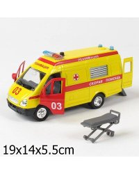 МАШИНА "ТЕХНОПАРК" МЕТАЛЛ. ИНЕРЦ. ГАЗЕЛЬ СКОРАЯ ПОМОЩЬ 1:43 СВЕТ+ЗВУК В РУСС. КОР. в кор.2*24шт.
