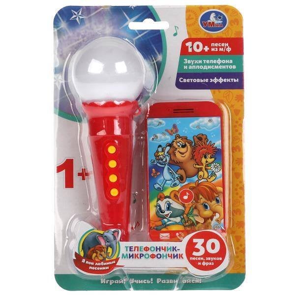 Телефон и микрофон БАРБАРИКИ 2в1.30 песен,звуков,фраз.свет.блист.бат. Умка в кор.96шт