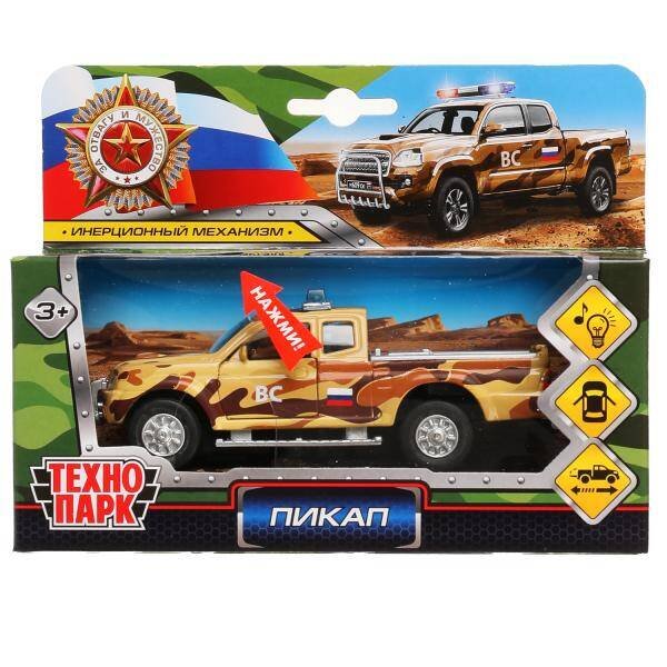 Машина металл свет-звук ПИКАП ВОЕННЫЙ, 13,3 см, откр.дв., баг., инер., кор. Технопарк в кор.2*24шт