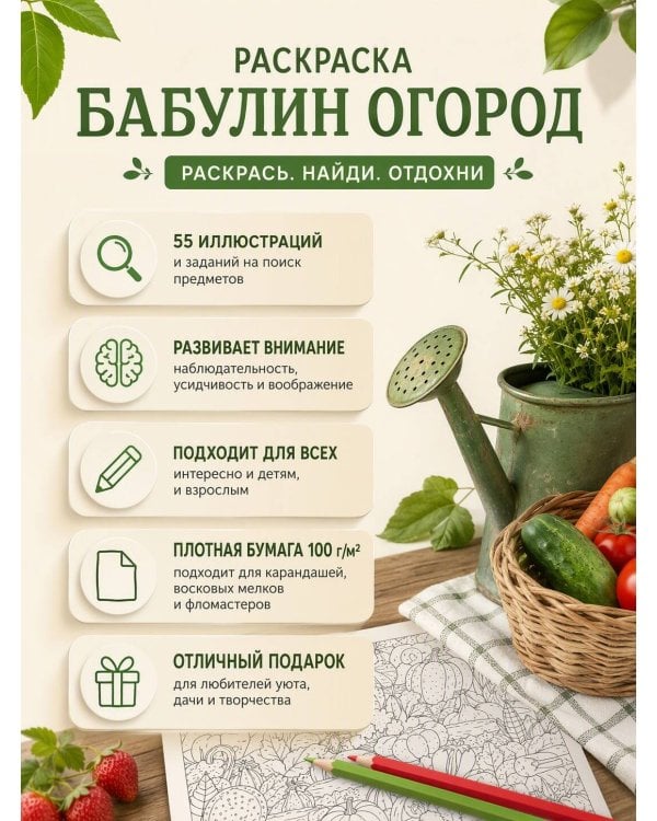 Дополнительное изображение книги «Бабулин огород. Раскраска на поиск предметов»