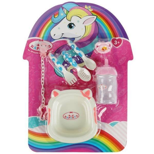 НАБОР ДЛЯ КУКОЛ И ПУПСОВ (Умка) Набор аксессуаров 7 предметов: бутылка, соска, подвес, тарелка, ложки, вилка КАРАПУЗ в кор.2*48шт