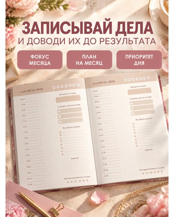Дополнительное изображение книги «Мечтай! Планируй! Действуй! Ежедневник для вдохновения, порядка и результата (пионы, А5, 72л.)»