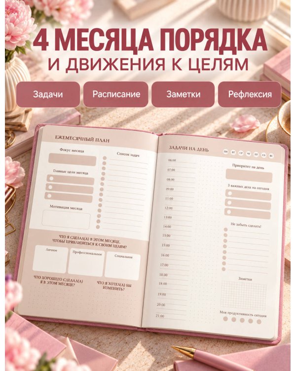 Дополнительное изображение книги «Мечтай! Планируй! Действуй! Ежедневник для вдохновения, порядка и результата (пионы, А5, 72л.)»