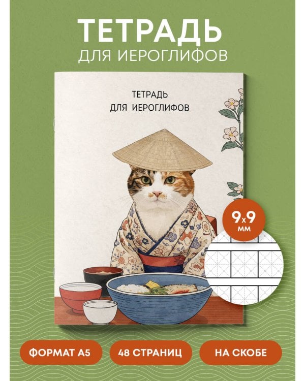 Тетрадь для иероглифов, сетка 9х9 мм. (Кот в кимоно)