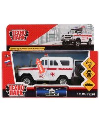 Машина металл свет-звук "UAZ HUNTER СКОРАЯ" 12см, открыв. двери, инерц. в кор.Технопарк в кор.2*36шт