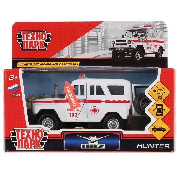 Машина металл свет-звук "UAZ HUNTER СКОРАЯ" 12см, открыв. двери, инерц. в кор.Технопарк в кор.2*36шт