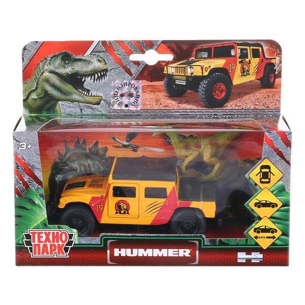 Машина металл hummer h1 пикап 12см, откр.двери, инерц. + динозавр 9см в кор. Технопарк в кор.2*24шт