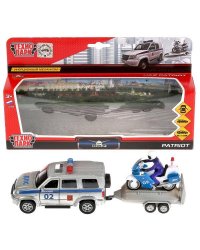Машина металл UAZ patriot, 12 см, двери., баг., инерц.+мотоц. на приц., кор. Технопарк в кор.2*12шт
