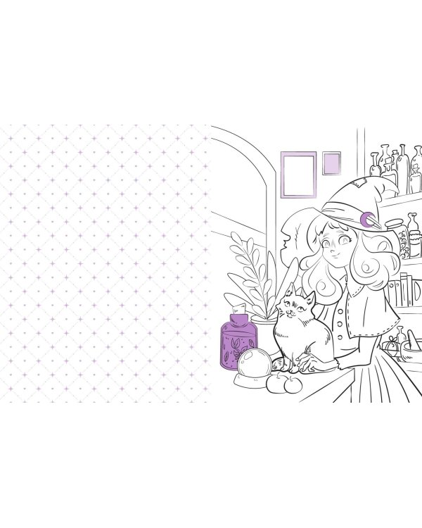 Очаровательная ведьма и её котик. Раскраска
