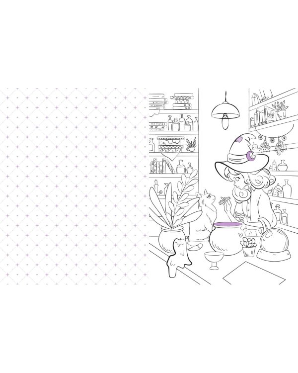 Очаровательная ведьма и её котик. Раскраска