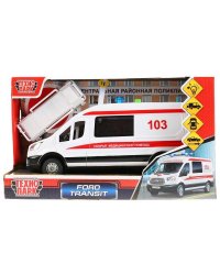 Машина свет+звук "ford transit скорая" 22,5см, пластик, инерц., белый в кор. Технопарк в кор.2*18шт