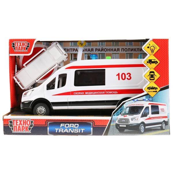 Машина свет+звук "ford transit скорая" 22,5см, пластик, инерц., белый в кор. Технопарк в кор.2*18шт