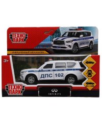 Машина металл INFINITI QX80 ПОЛИЦИЯ, 12,5 см, двери, баг., инер, белый, кор. Технопарк в кор.2*36шт