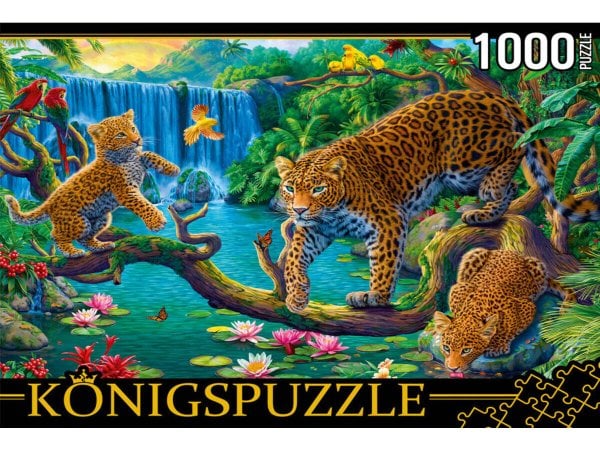 26. Konigspuzzle. ПАЗЛЫ 1000 элементов. ФK1000-6634 ЛЕОПАРДЫ У ВОДОПАДА