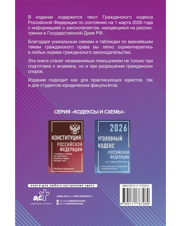 Гражданский кодекс Российской Федерации на 1 марта 2026 года с таблицами и схемами + комментарии (1-ая, 2-ая, 3-я и 4-ая части)