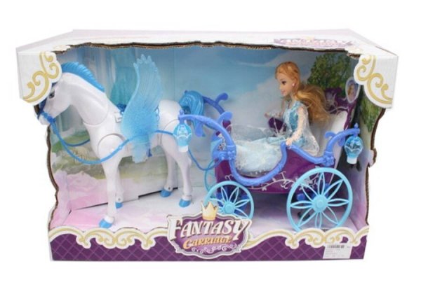 02. КАРЕТЫ, ТРАНСПОРТ ДЛЯ КУКОЛ (Рыжий Кот) Карета с куклой.Сказка(кукла,лошадь ход.,звук,свет,6*АА не в компл.,в кор.)(55,5х19х30)(арт.2044436)