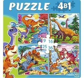 14. ПАЗЛЫ (4 в 1) (9,16, 25, 36 эл.) (Рыжий Кот) ПАЗЛЫ 4 в 1. ПРИКЛЮЧЕНИЯ ДИНОЗАВРОВ (9,16, 25, 36 эл.) (Арт. П-5811)