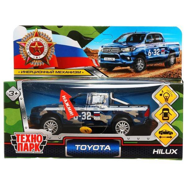 Машина металл свет-звук TOYOTA HILUX КАМУФЛЯЖ 12 см, двери, синий, в кор. Технопарк в кор.2*36шт