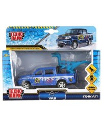 Машина металл UAZ PICKUP СНЕГ 12 см, двери, багаж, инерц, динозавр, кор. Технопарк в кор.2*36шт