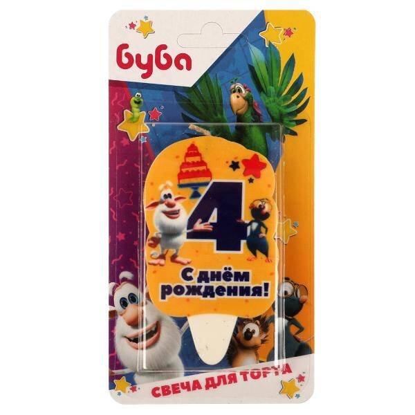 Свеча для торта Со стикером "4" БУБА блистер, буба ЧУДО ПРАЗДНИК в кор.48шт