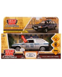 Машина металл свет-звук LADA-2108 "СПУТНИК" ПОЛИЦИЯ 12 см, двери, кор. Технопарк в кор.2*36шт