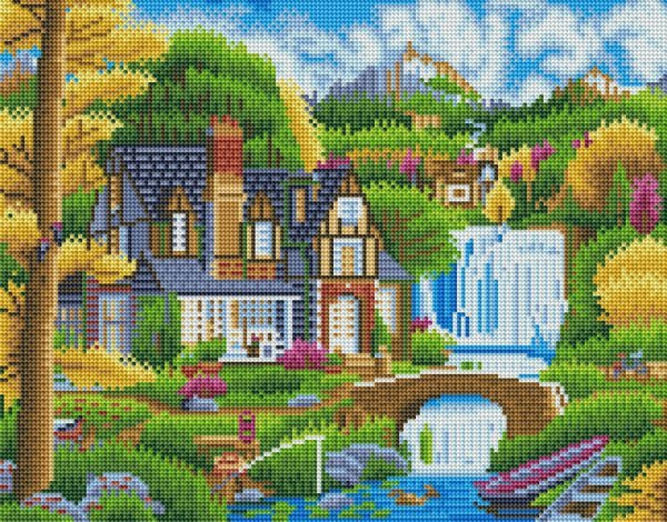 Алмаз. мозаика (класс.) 40х50 см,с подр.,с полн.заполн.(27цв.) КРАСИВЫЙ ДОМ У ВОДОПАДА (Арт. AC4077)