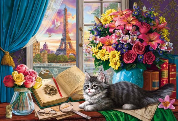 Алмаз. мозаика (класс)40х50 см,с подр.,с част.зап.(35 цв.)Котёнок и парижский натюрморт(Арт.ACD5034)