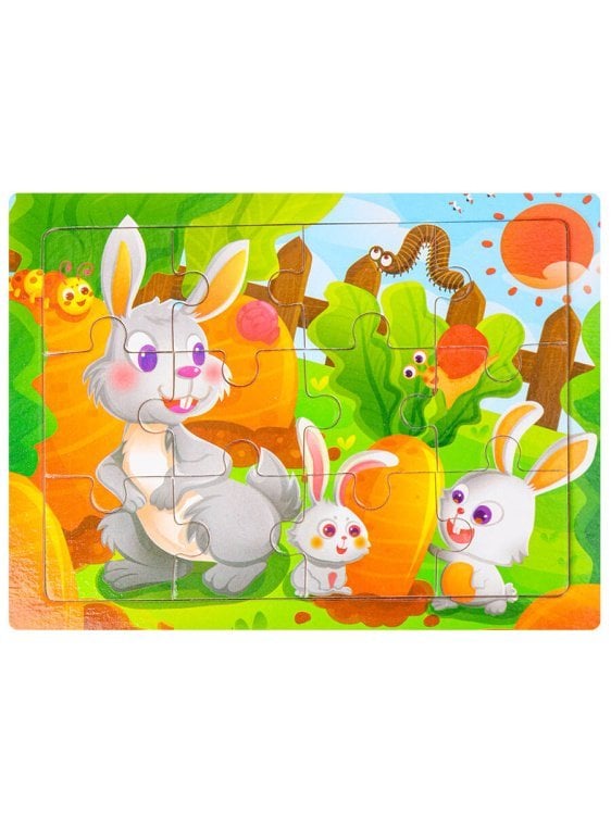 РАМКИ-ПАЗЛЫ (Рыжий Кот) Деревянная пазл-рамка (14,5х11см) "ЗАЙЧИХА С ЗАЙЧАТАМИ" (12элементов)(окраш.рамка) Арт.AN02619