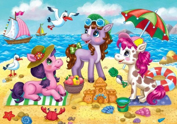 Алмаз.моз.(блест.)22х32 см,с подр.,с полн.заполн.(22 цв.)Разноцветные пони на пляже (Арт. AS22030)