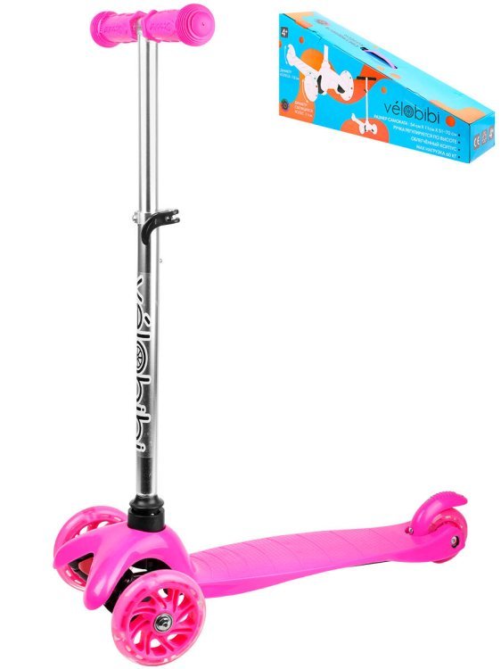 Самокат 3-х колесный розовый (54*11*51-70) кол.11/7,8см,PU,передн.свет, до 60кг) в кор. (Арт.И-3382)