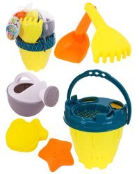 Песочный набор "Песочный замок" (лопатка, 2 формочки,лейка,грабли, ведерко,в сетке)(Арт.ИК-2345)