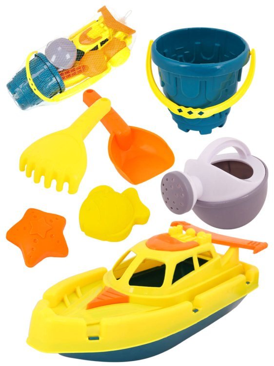 Песочный набор (лопатка, 2 формочки,лейка,ведерко,катер,в сетке)( Арт. ИК-2344)
