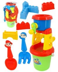 Песочный набор"Строители песочных замков"(лоп.,грабли,4форм.,ведр.,мельн.,лейка,в сет.)(Арт.ИК-2343)